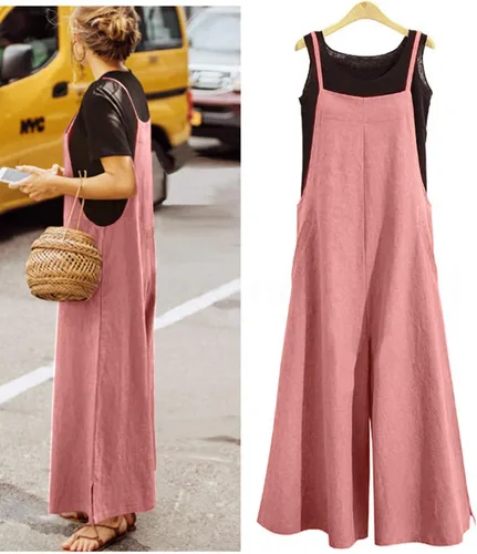 Vista 3 de YESNO - Enterizo holgado de estilo informal, overol con pantalones largos de pierna ancha, de algodón y con bolsillos, para mujer