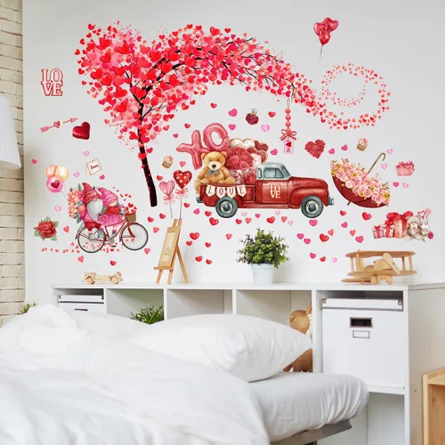 Vista 4 de 2 hojas de calcomanías de pared para el día de San Valentín, árbol de corazón, árbol rojo, camión, día de San Valentín, calcomanías de pared