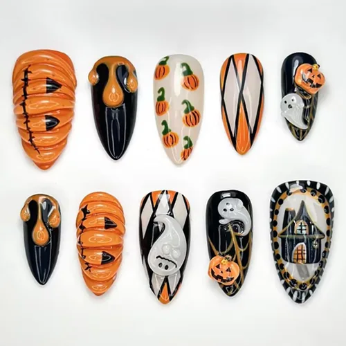 Vista 49 de Paquete de 6 144 uñas acrílicas de Halloween a presión, uñas postizas reutilizables de cobertura completa, uñas postizas adhesivas con pegamento H103