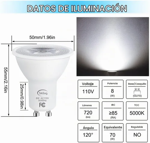 Vista 2 de SikSog Bombilla LED GU10 de 5000 K luz blanca diurna, equivalente a 70 W, no regulable, luces de inundación de ángulo de haz de 120°, bombillas LED