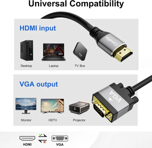 Vista 7 de Cable HDMI a VGA de 4 pies, cable HDMI (fuente) a VGA (pantalla), cable negro macho a macho, conectores chapados en oro, carcasas de aluminio