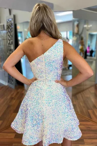 Vista 2 de Vestidos cortos de lentejuelas para fiesta de exalumnos, vestidos cortos brillantes de un hombro para adolescentes, vestido de baile acampanado