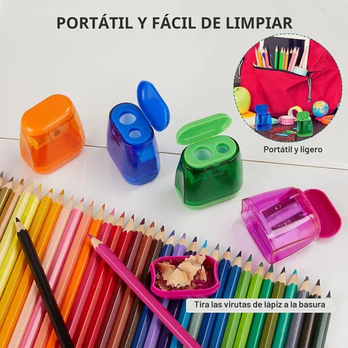 Vista 5 de Sonuimy Sacapuntas manuales, 4 sacapuntas manuales, doble agujero, compacto, de color, sacapuntas de mano para niños con tapa, adultos, estudiantes