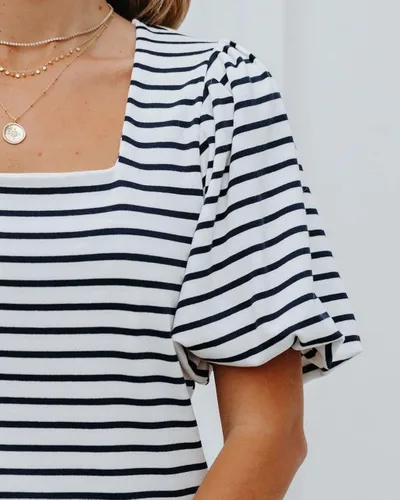 Vista 3 de Hdieso Camisas de manga corta con cuello cuadrado y manga abombada a rayas para mujer