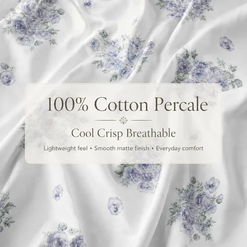 Vista 6 de HYPREST 100% Cotton Percale Sheets Queen, Blue Rose Floral Deep Pocket 16