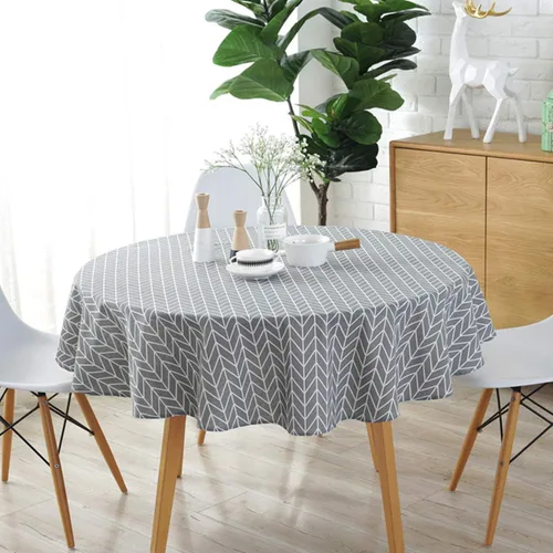 Vista 4 de Mantel redondo de lino de algodón con flecha gris para comedor, cocina, decoración de mesa del hogar, redondo, 48 pulgadas