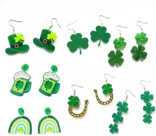 Vista 5 de Caiyao Aretes para el día de San Patricio para mujer, aretes acrílicos de trébol irlandés, hoja verde, trébol de la suerte, aretes de gota