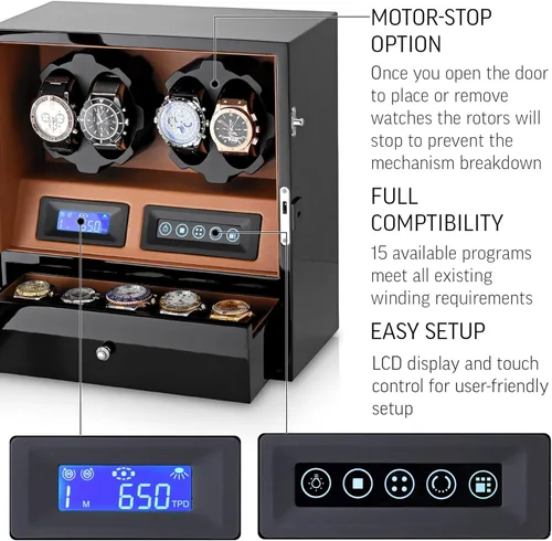 Vista 5 de Enrolladora de 4 relojes con 5 espacios de almacenamiento para relojes, pantalla LCD, control táctil y retroiluminación
