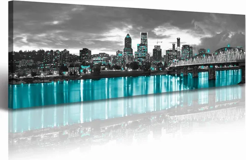 Vista 32 de JiazuGo Phoenix Skyline Arte de Pared en Lienzo - Paisaje Urbano de Arizona Enmarcado (14x48 Pulgadas) Negro y Blanco con Amarillo, Decoración