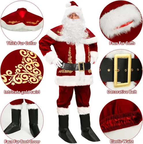 Vista 5 de XinChangShangMao Traje de Papá Noel para adultos disfraz de Papá Noel de lujo con barba y guantes Vino