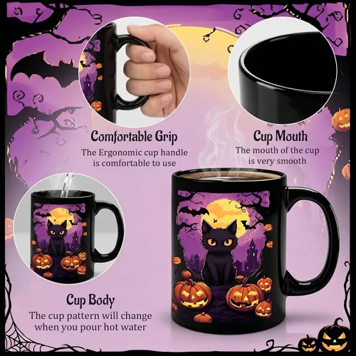 Vista 3 de Caliamary Halloween Color Changing Mug – 11oz Heat Sensitive Coffee Cup with Black Cat & Pumpkin, Novelty Ceramic Mug, Fun Gift for Friends, Women