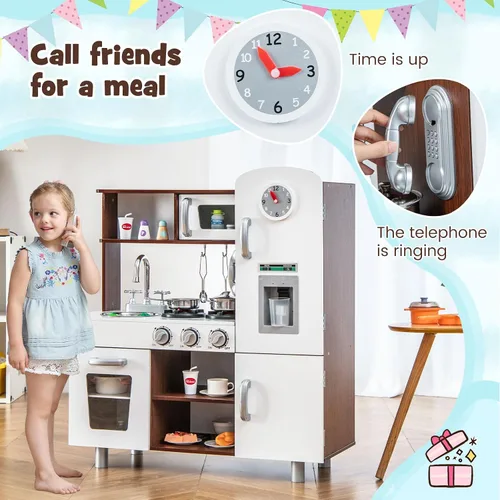Vista 4 de HONEY JOY Juego de cocina para niños, cocina de madera para niños pequeños, utensilios de cocina, teléfono, reloj, dispensador de agua, gabinete