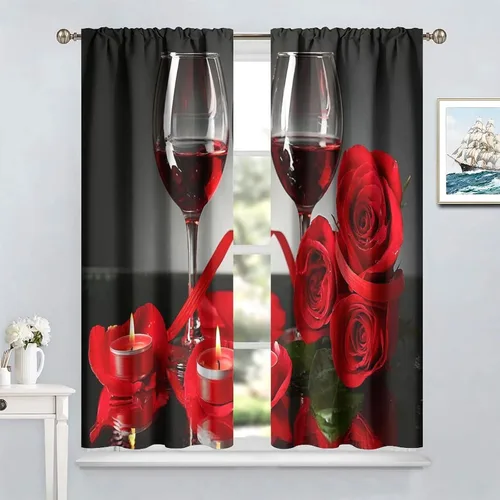 Vista 2 de Cortinas opacas con diseño floral de rosas para cocina, retro, rústicas, románticas, con bolsillo para barra, cortinas opacas para dormitorio, sala