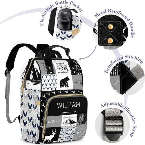 Vista 4 de Woodland Deer - Bolsa de pañales personalizada para bebés, niños y niñas con nombre, bolsa de lactancia personalizada para mamá y papá, Negro