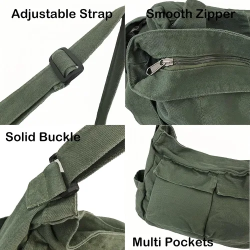 Vista 4 de Lauthen.S Bolsa de lona estilo hobo estilo grunge, bolsa cruzada para mujeres y hombres, bolsa de mensajero grande con múltiples bolsillos