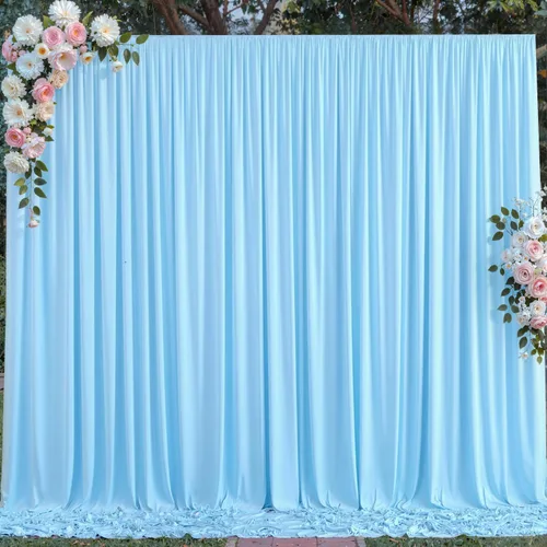 Vista 4 de Cortina de telón de fondo azul bebé de 10 x 8 pies sin arrugas para fiestas, cortinas de fondo de fotos de poliéster azul claro para cumpleaños
