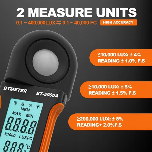 Vista 4 de BTMETER Light Lux Meter Logger BT-5000A, probador digital de lúmenes de medición de nivel de iluminación Intensidad 0.1 ~ 400.000 Lux(0.1 ~ 40.000