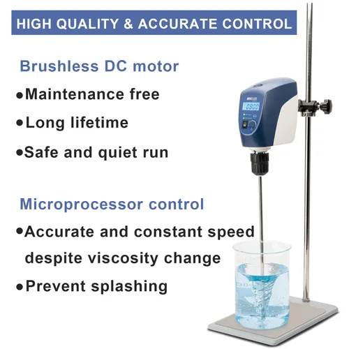 Vista 4 de ONiLAB Agitador Eléctrico Superior, Mezclador Agitador Superior Digital LCD con Varilla de Agitación y Soporte, Potente 20L, 10000 mPas, 50~2200RPM