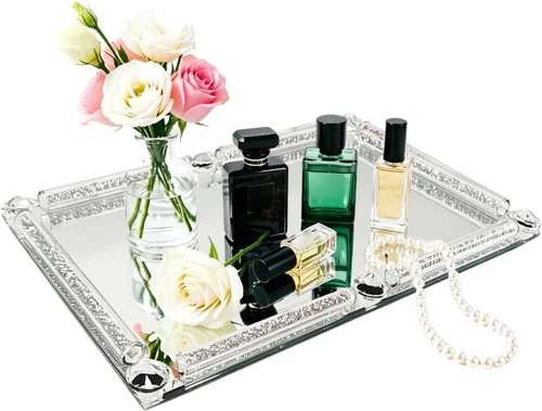 Vista 14 de Bandeja de cristal dorado, 11.8 x 7.9 pulgadas, bandeja decorativa de cristal para exhibición de perfumes cosméticos para una hermosa encimera