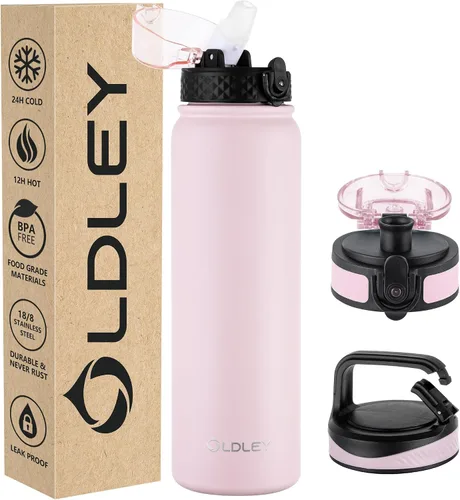 Vista 9 de Botella de agua aislada Oldley de 12 oz con pajita, botella de agua de acero inoxidable con 2 tapas, botellas de doble pared con vacío para adultos