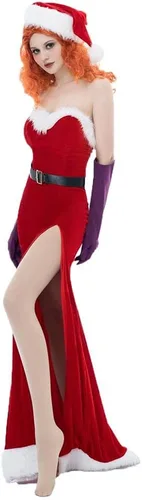 Vista 3 de VEECOOCOS Jessica - Disfraz de conejo para mujer vestido rojo sexy con sombrero de Navidad