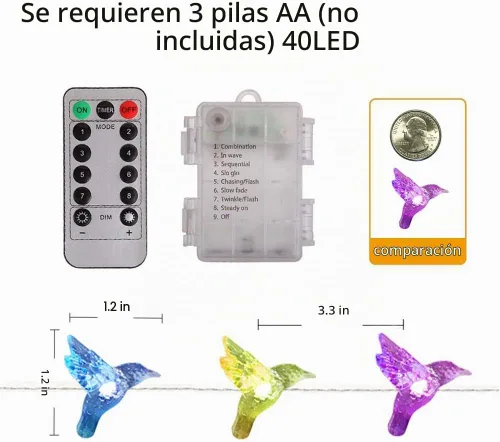 Vista 7 de WSgift Guirnalda de luces decorativas de colibrí, 13.85 pies, 40 luces LED blancas frías resistentes a la intemperie, funciona con pilas, 8 modos