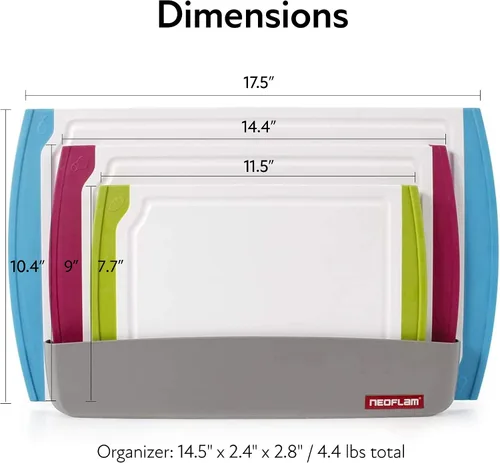 Vista 6 de Tabla para cortar Neoflam Poly con protección antimicrobiana Microban, verde, 17" x 12" (43.18 cm x 30.48), Conjunto codificado, blanco/multicolor