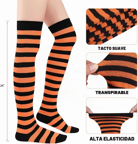 Vista 4 de Witch Costume Women, 5PCS Halloween Costume with Hat Tutu Broom Striped Thigh Socks Gloves Naranja