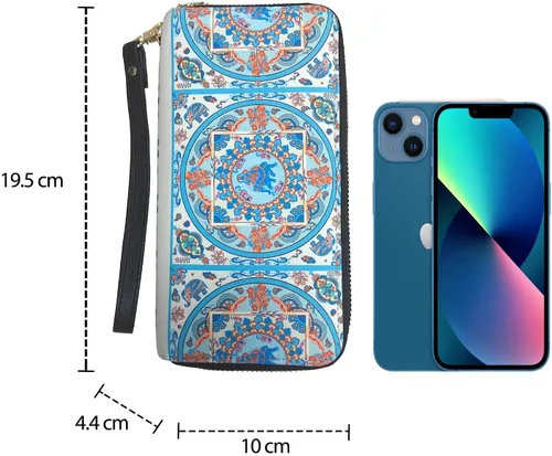 Vista 5 de LATH.PIN Cartera bohemia con bloqueo RFID, bolso de lona con patrón de elefante con bolsillo para monedas y correa