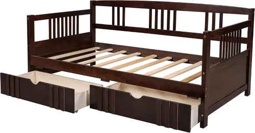 Vista 6 de Harper & Bright Designs Marco de cama esquinero de tamaño individual con cajones, sofá cama de madera maciza con almacenamiento y cabecero,