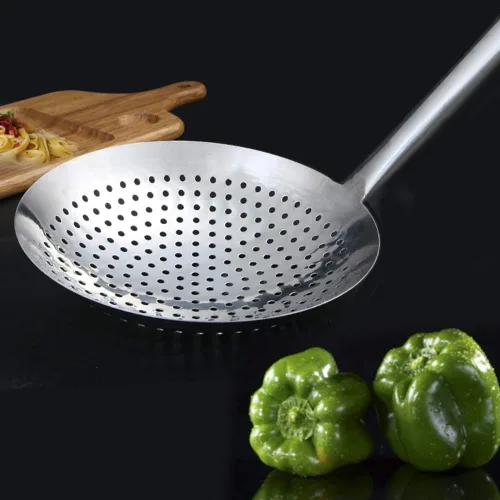Vista 6 de Cuchara para desnatar, colador de acero inoxidable 304, desnatador redondo de acero inoxidable para freidora de cocina, pasta, espaguetis, fideos
