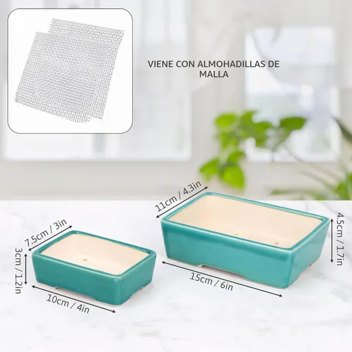 Vista 3 de Zisha - Juego de 2 macetas de arcilla blanca para bonsái esmaltadas poco profundas, color azul