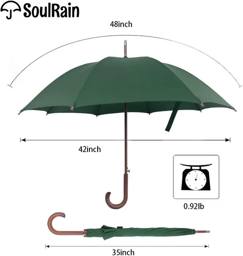 Vista 4 de SoulRain Paraguas de arco clásico con mango de madera de 48 pulgadas, apertura automática, resistente al viento, irrompible, paraguas de lluvia