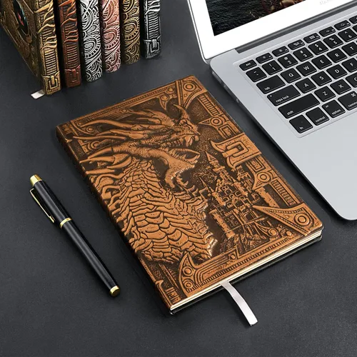 Vista 5 de DND - Cuaderno de Dungeon and Dragon de cuero en relieve 3D, diario de dragón con bolígrafo negro y funda para bolígrafo, diario de viaje vintage
