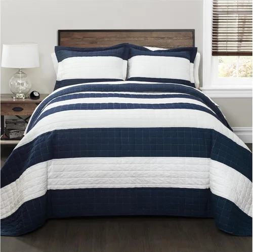 Vista 4 de Lush Decor New Berlin - Juego de cama de 3 piezas con diseño de rayas, tamaño matrimonial/queen, negro y blanco Blanco y negro