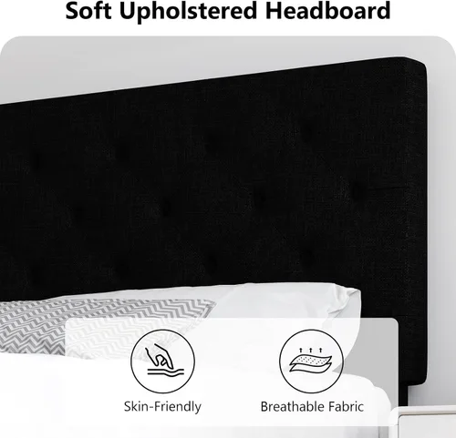 Vista 7 de HOMBCK Base de cama de tamaño individual con cabecera, base de cama tapizada con plataforma de lino para niños, base de cama de tamaño individual