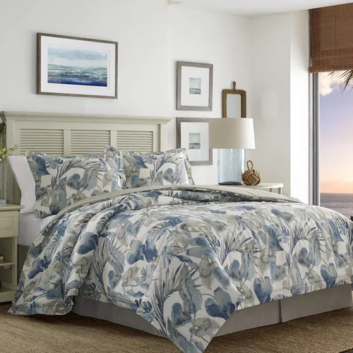 Vista 3 de Tommy Bahama Juego de edredón tamaño Queen, ropa de cama de algodón con fundas a juego y falda de cama, funda europea, azul (Queen)