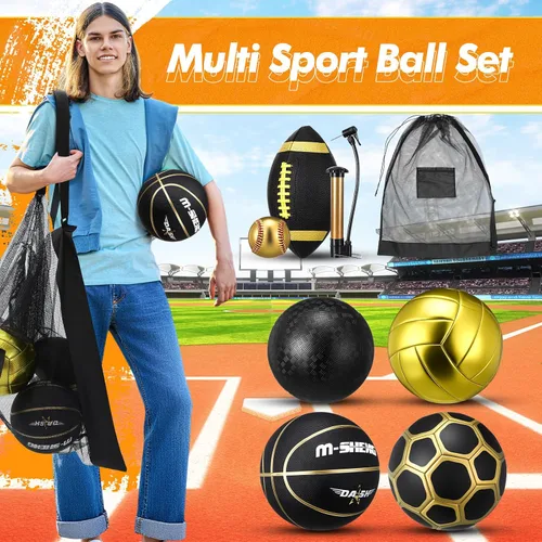 Vista 4 de RoundFunny Juego de 6 pelotas deportivas multideportivas, tamaño oficial, fútbol, voleibol, pelota de juegos infantiles, béisbol con bolsa