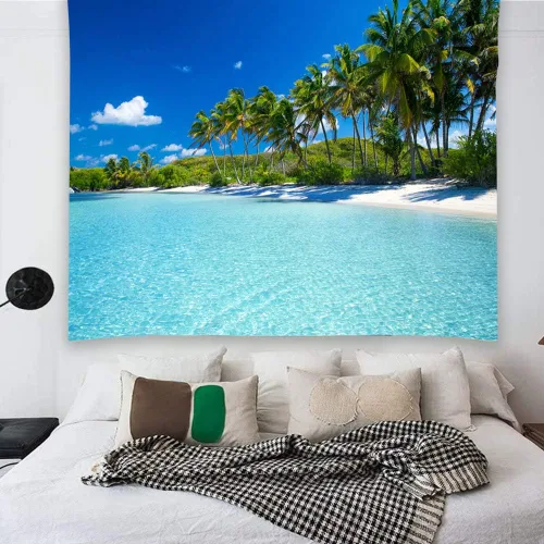Vista 3 de YISURE Tapiz de playa oceánica para colgar en la pared, 80 x 60 pulgadas, diseño de palmera paraíso tropical, cocotero, decoración de pared hippie