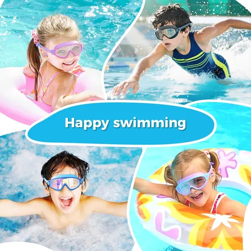 Vista 7 de Paquete de 3 gafas de natación para niños, con tapones para los oídos, marco grande, antivaho, UV, visión amplia, para niños y niñas de 4 a 12 años