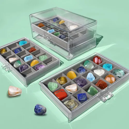 Vista 2 de Estuche de exhibición de rocas, caja de colección de rocas para niños y adultos Estante de exhibición de cristales, organizador y estuche