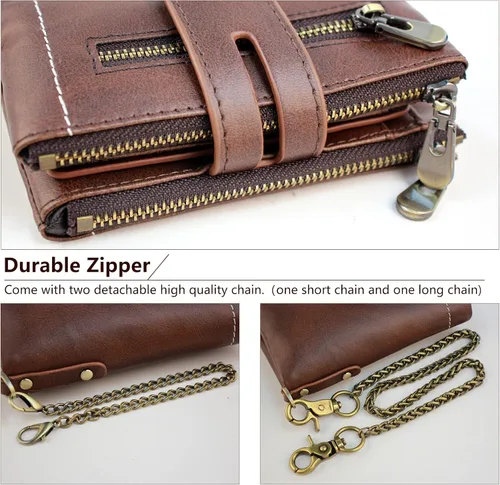 Vista 4 de iSamzan Billeteras de cuero para hombre, con bloqueo RFID, con doble cremallera, bolsillo para monedas con cadena antirrobo, carteras