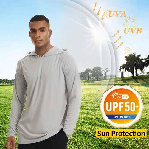 Vista 2 de KEFITEVD Camisas de sol para hombre, manga larga, con capucha, protección UV, senderismo, atletismo, secado rápido