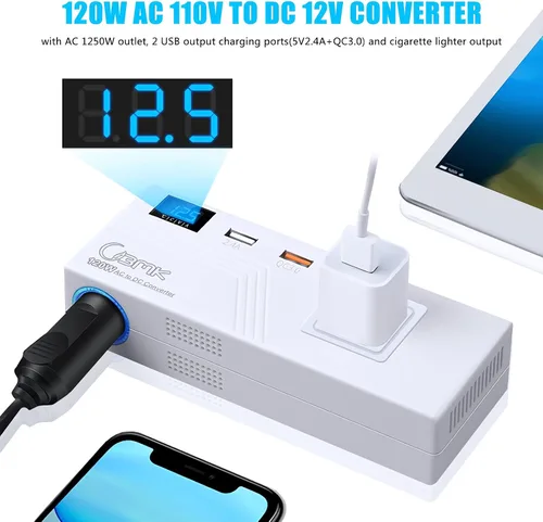 Vista 3 de BMK Convertidor de CA a CC 10A 120W Enchufe de encendedor de cigarrillos de automóvil AC 110V a DC 12V Adaptador de corriente con 2 puertos USB