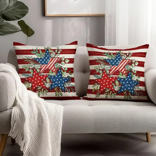 Vista 50 de Juego de 2 fundas de almohada de 16 x 16 pulgadas, diseño patriótico de bandera estadounidense con estrellas para exteriores, estilo casa de campo