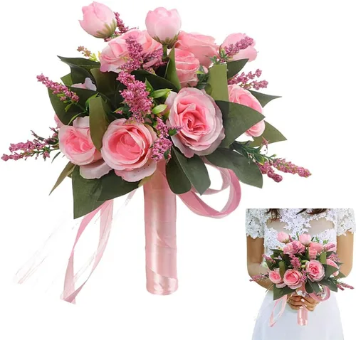 Vista 11 de EUBUY Ramos de boda para dama de honor, rosas artificiales blancas de 10.2 pulgadas, juego de ramos de seda de la serie Forest con lazo de cinta