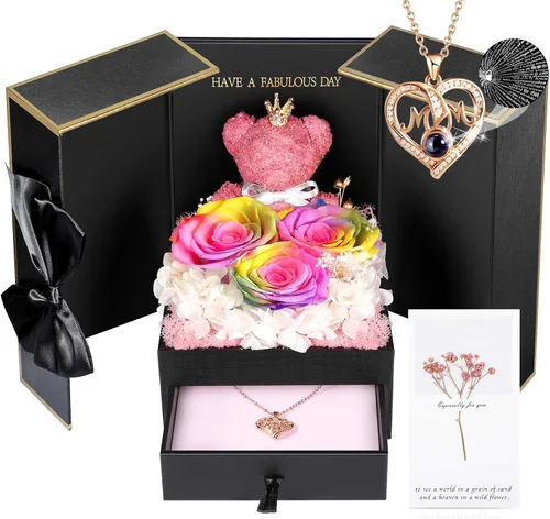 Vista 19 de AddWel Regalos de rosas para mujer, rosas azules reales preservadas con collar I Love You en 100 idiomas y lindo oso de musgo para novia, esposa