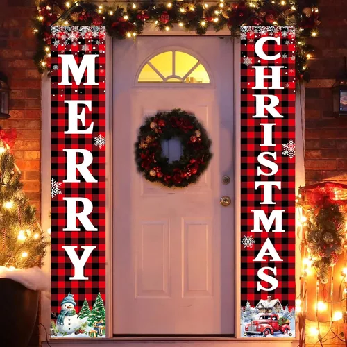 Vista 5 de Decoraciones de Navidad para patio al aire libre: cartel grande de porche delantero rojo y negro, pancarta de puerta de Navidad a cuadros de búfalo