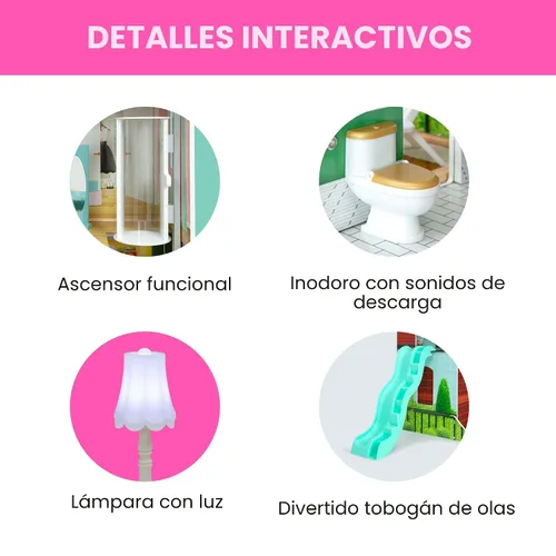 Vista 5 de Delta Children Casa de muñecas Deluxe Maui - Casa de muñecas grande de 4 pisos con 12 habitaciones, incluye 50 accesorios - Ascensor funcional