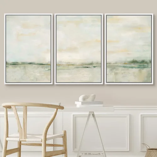 Vista 434 de SIGNWIN Lienzo enmarcado para pared, juego de arte pastel con cadena montañosa, bosque, niebla, naturaleza silvestre, ilustraciones modernas, arte